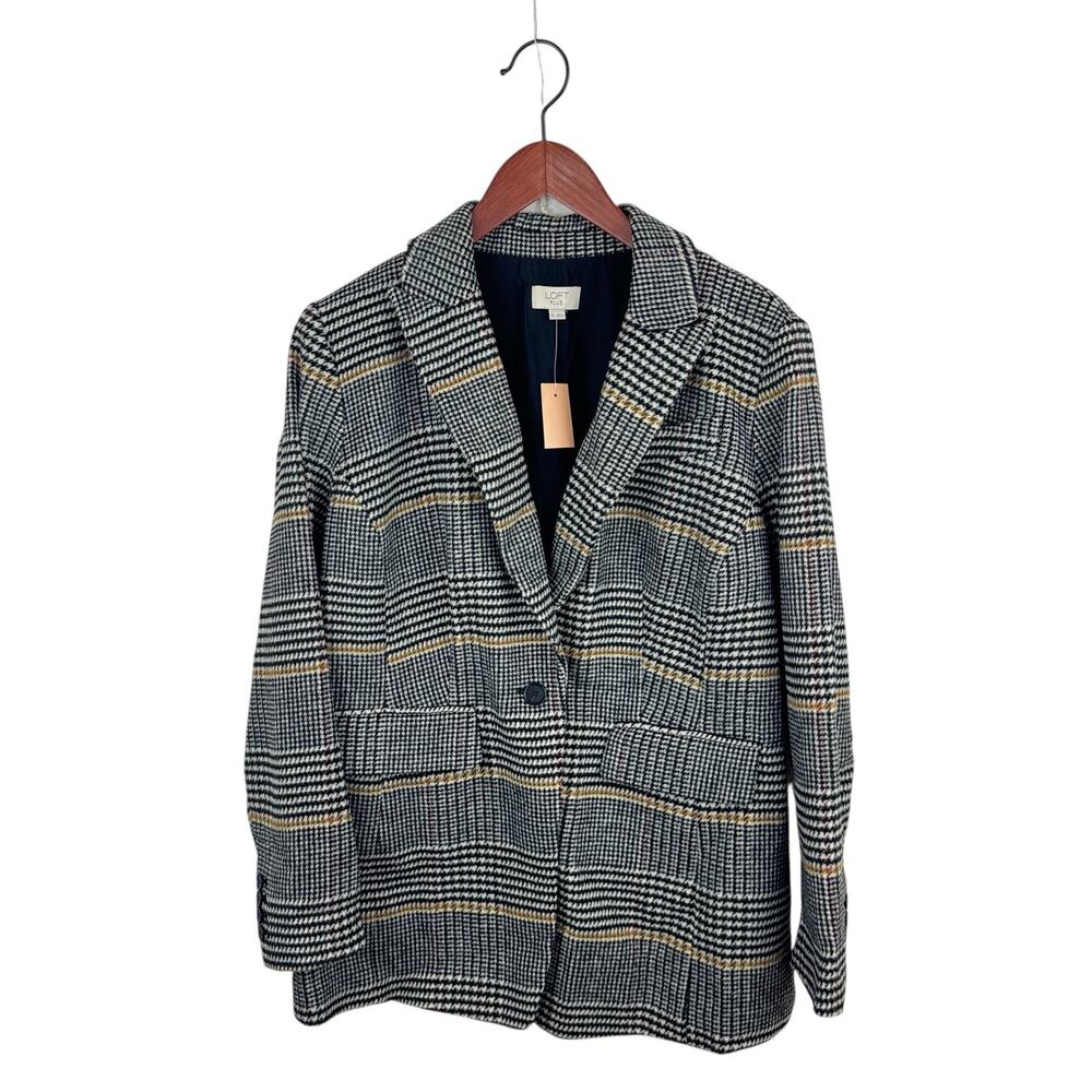 LOFT Black and White Glen Plaid Blazer with Yellow Accent